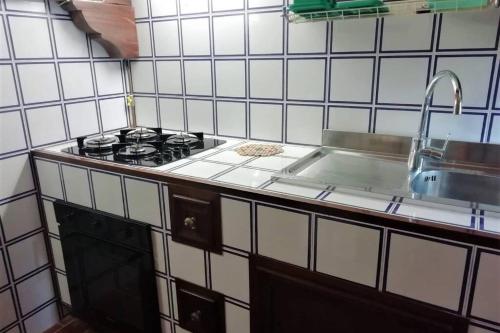 uma cozinha com um fogão e um lavatório em La Casa nel Bosco - Your Mountain Holiday em Casargo