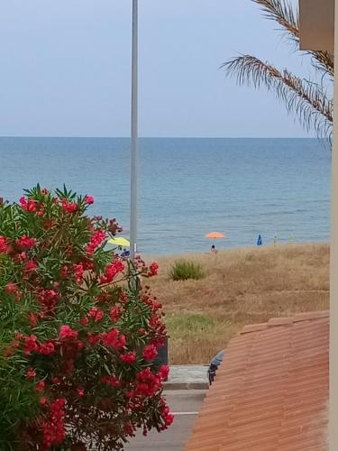 a view of the beach from a resort with flowers at Villa Orsola in Villaputzu