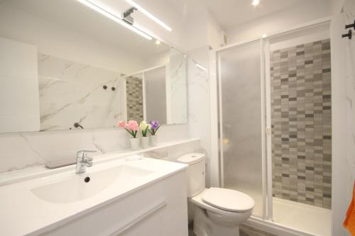 een badkamer met een wastafel, een toilet en een douche bij Apartment Acapulco Sunset View in Playa Fañabe