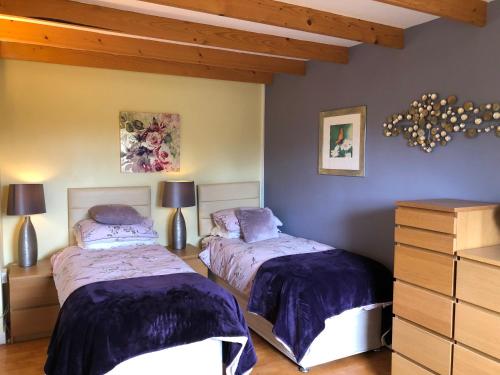 two beds in a bedroom with purple comforter at The Granary Country Retreat in Lampeter