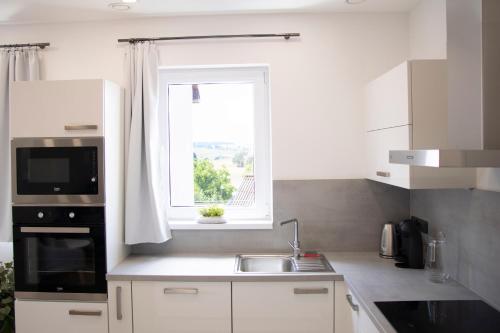 eine weiße Küche mit einem Waschbecken und einem Fenster in der Unterkunft Hotel Smrž in Sepekov