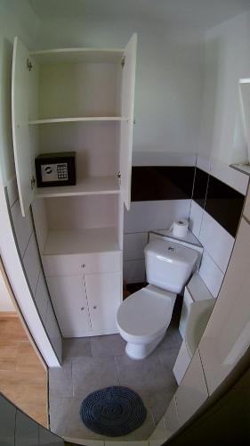 een kleine badkamer met een toilet in een trap bij Noclegi Pod Dachem pokoje gościnne domek letniskowy na wynajem agroturystyka wakacje in Sajzy