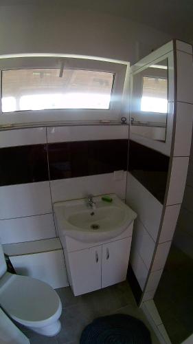 a small bathroom with a sink and a toilet at Noclegi Pod Dachem pokoje gościnne domek letniskowy na wynajem agroturystyka wakacje in Sajzy