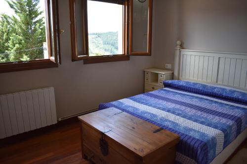 1 dormitorio con 1 cama con edredón azul y ventana en Urdaibai Apartament, en Ea