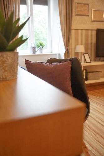 a couch with a pillow in a living room at Apartment Nobl plac in Celje