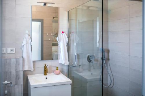 Un baño con ducha, lavabo y espejo. en Mandalina HR Luxury Villa with Private Pool, Tennis Court and Boccie Alley, en Donji Proložac