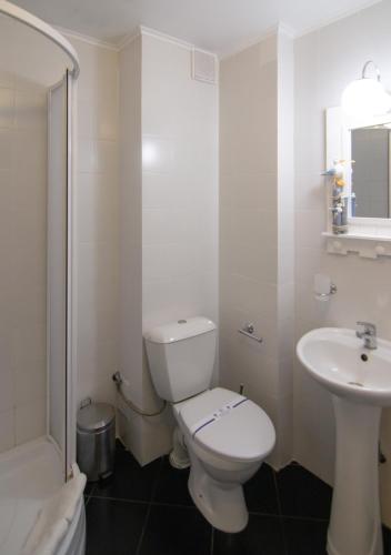 a white bathroom with a toilet and a sink at Knyazha Hora Hotel in Kaniv