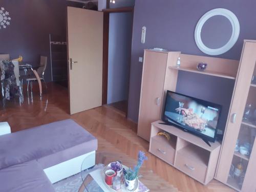 a living room with a couch and a tv at Lovely L home BN centar -Rent a car automatic in Bijeljina