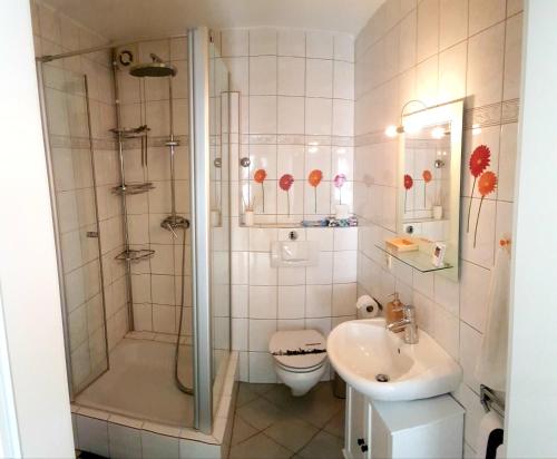 e bagno con doccia, servizi igienici e lavandino. di Zum Bachhexje ad Alken