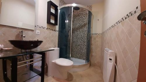 a bathroom with a shower and a toilet and a sink at Apartamento Las Vistillas in Valdelinares