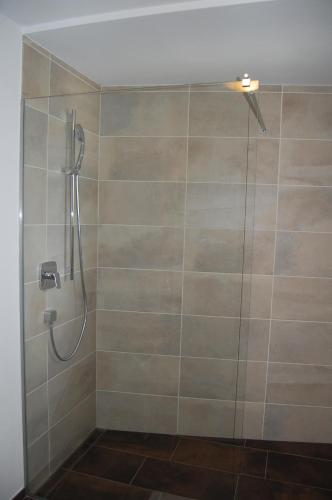 a bathroom with a shower with a glass door at Dolomitica, nuovo, fino a 6 Persone in Vols am Schlern