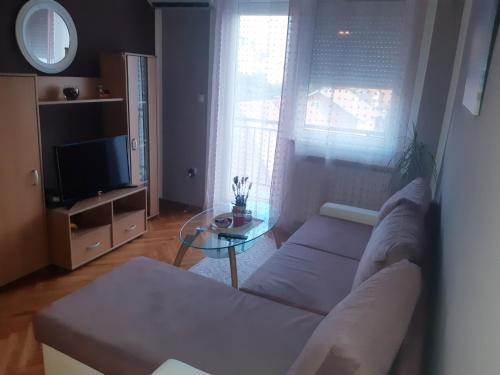 sala de estar con sofá y mesa de cristal en Lovely L home BN centar -Rent a car automatic, en Bijeljina