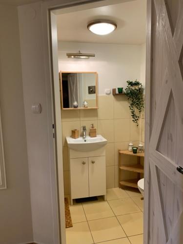 a bathroom with a sink and a mirror at Charming Studio in Krakow