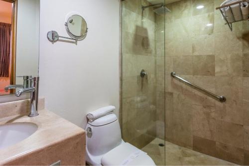 a bathroom with a shower, toilet and sink at Hotel Parador de Alcalá in Oaxaca City