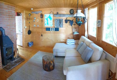 uma sala de estar com um sofá e uma lareira em Carlanja em Mäntyharju