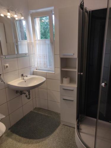 Holtsee的住宿－Eiderhufe，一间带水槽和淋浴的浴室
