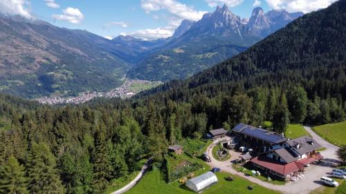 an aerial view of a house in the mountains at Agritur le Vale in Fiera di Primiero