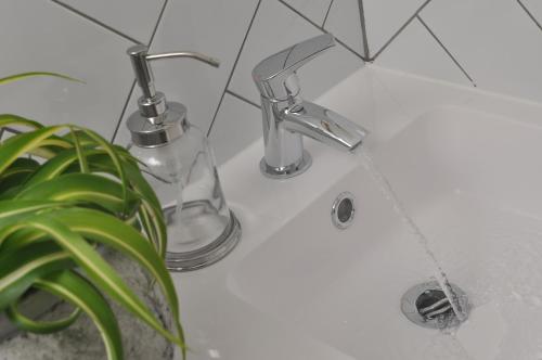 a bathroom sink with a faucet and a plant at Bridge Street Apartments. Boutique Style Luxury, in the heart of Taunton. in Taunton