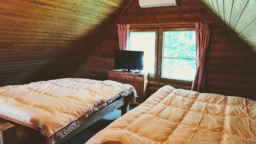 ein Schlafzimmer mit einem Bett und einem TV im Dachgeschoss in der Unterkunft Maniwa - Cottage - Vacation STAY 90022 in Maniwa