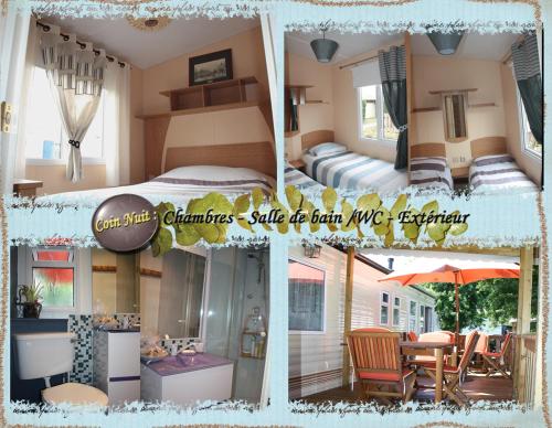 un collage de photos d'une chambre avec une caravane dans l'établissement MobilHome Aquitaine, à Gastes