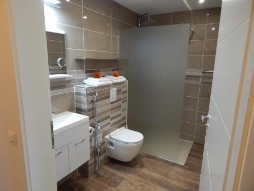 a bathroom with a toilet and a sink and a mirror at Casa Blanca in Wirges