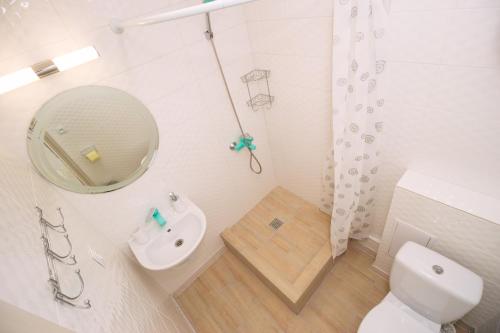 uma casa de banho com um WC, um lavatório e um espelho. em Квартира біля центральної площі Перспективна 22 em Oleksandriya