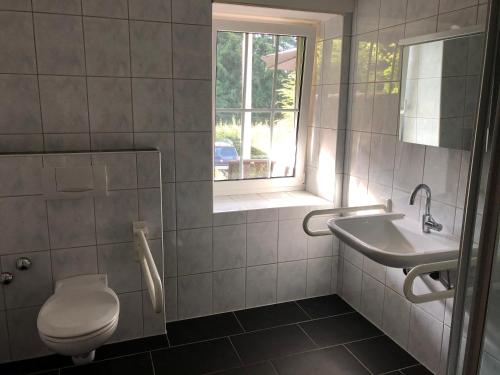 a bathroom with a toilet and a sink and a window at Ferienhof Kröger in Bielefeld