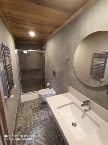 a bathroom with a sink and a toilet and a mirror at Ayder Koru Hotel in Ayder Yaylasi