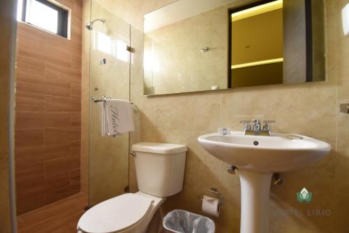 a bathroom with a sink and a toilet and a mirror at Hotel Lirio - Adult Only in Mexico City