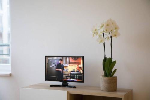 a tv sitting on a table with a vase of flowers at Modern apartments - Airport 8mins in Prague