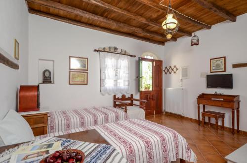 a bedroom with two beds and a desk and a television at Naxos Filoxenia Hotel in Galini
