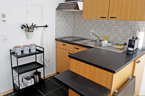 a kitchen with a sink and a counter top at Schick und freundlich, zentral, modernes Studio - C5 in St. Moritz