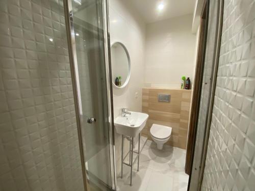 een badkamer met een toilet, een wastafel en een douche bij Сучасна квартира в центрі Львова на вулиці Лесі Українки 19 in Lviv