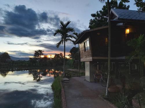 a house with a palm tree next to a body of water at Bantunglom Resort in Mae Rim