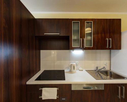 a kitchen with wooden cabinets and a stove and a sink at Villa Jura Pokoje Gościnne in Żarki