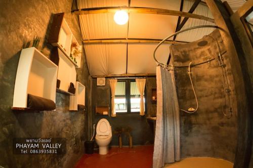 La salle de bains est pourvue de toilettes et d'un rideau de douche. dans l'établissement Phayam Valley Homestay, à Ko Phayam