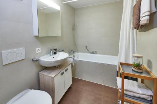 y baño con lavabo, aseo y bañera. en Magnifique appartement aux Diablerets avec vue imprenable en Les Diablerets