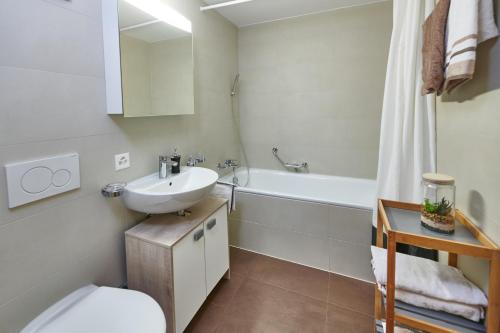 a bathroom with a sink and a toilet and a tub at Magnifique appartement aux Diablerets avec vue imprenable in Les Diablerets