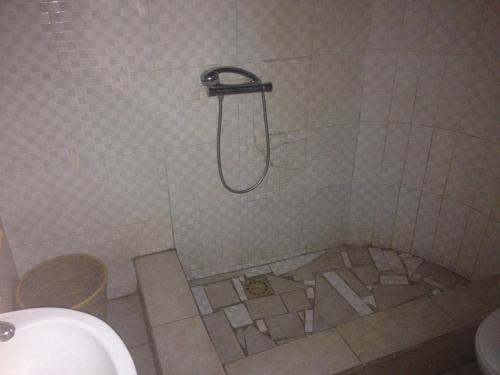 a bathroom with a shower and a toilet at Leybato Beach Hotel in Fajara