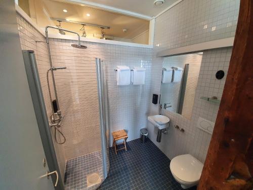 a bathroom with a shower and a toilet and a sink at Vertshuset Røros in Røros