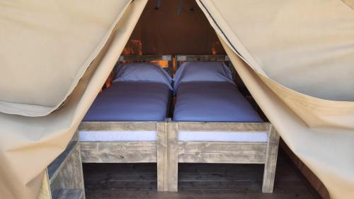 2 camas en una tienda de campaña con sábanas moradas en Camping Las Gaviotas en Naveces