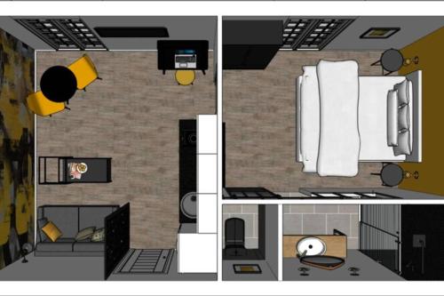 2 vistas de um quarto com uma cozinha e uma sala de estar em Le Black & Yellow - Appart'Hôtel SPA - Clim - Melina & Alfred Agen em Agen