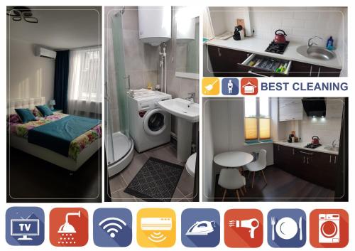 a collage of three pictures of a bathroom at Apartment in Balti in Bălţi