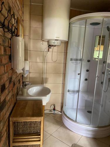 a bathroom with a shower and a sink at Šeimyninis namelis nr.2 in Kurėnai
