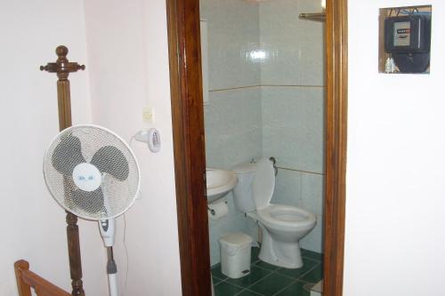 a bathroom with a fan and a toilet at Art House in Pandokrátor