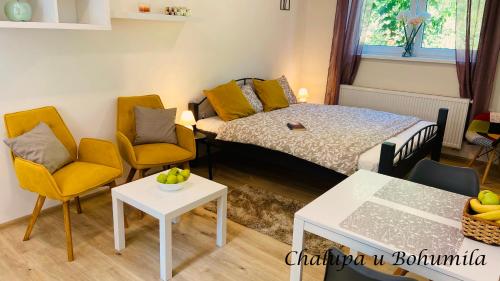 a room with a bed and two chairs and a table at Chalupa u Bohumila in Rybná nad Zdobnicí
