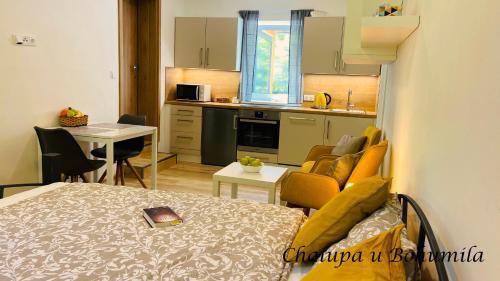 a kitchen and a living room with a bed and a table at Chalupa u Bohumila in Rybná nad Zdobnicí