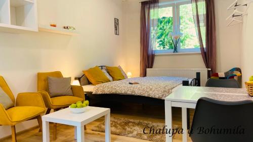 a bedroom with a bed and chairs and a table at Chalupa u Bohumila in Rybná nad Zdobnicí
