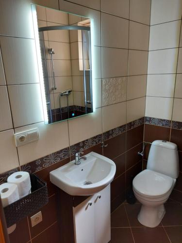 a bathroom with a sink and a toilet and a mirror at Apartament wakacyjny Chałupy in Chałupy