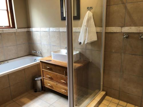 a bathroom with a shower and a sink and a tub at Celebratio Pomegranate Farm in Oudtshoorn